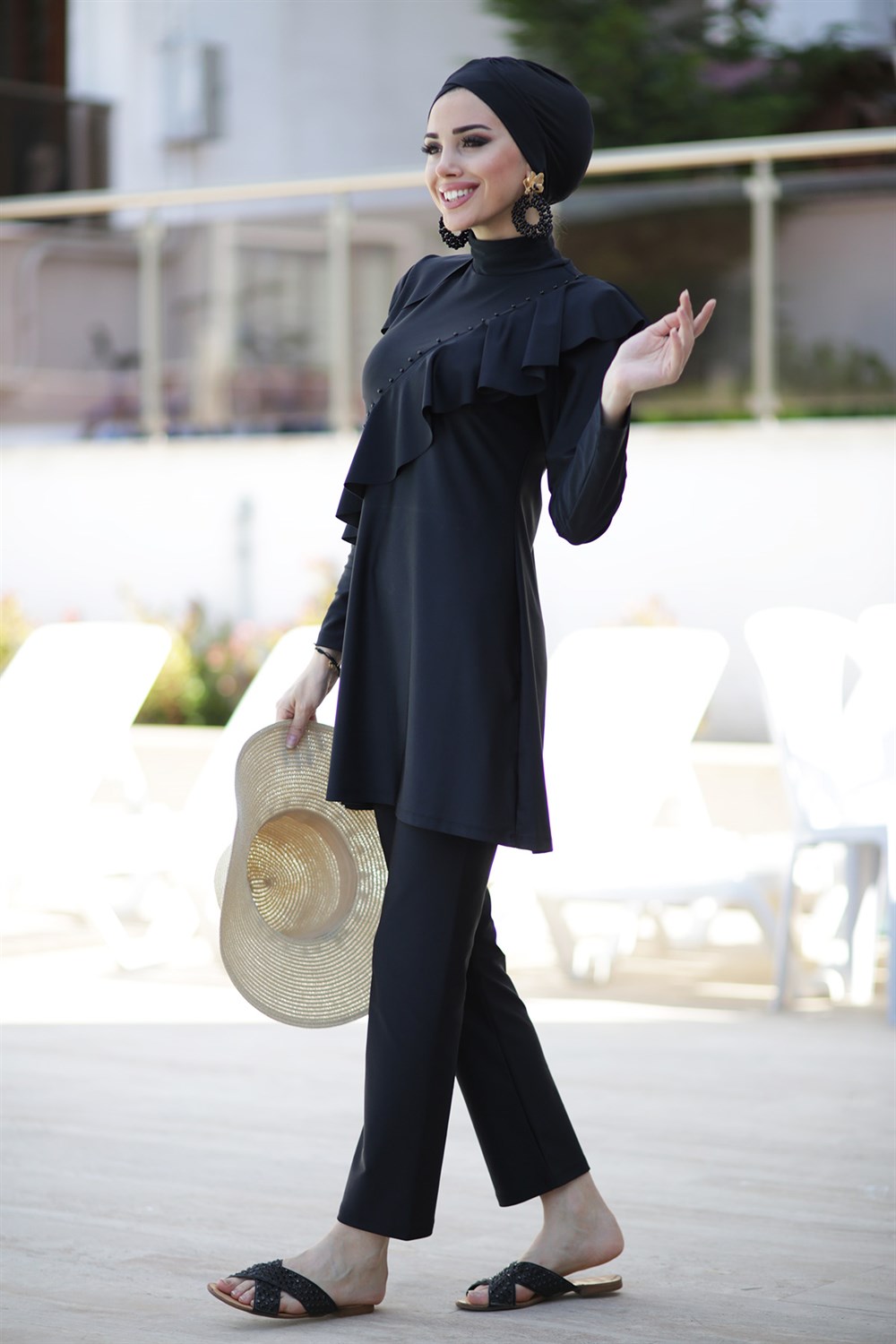 Tasarım Likralı Tam Kapalı Tesettür Mayo Fırfır Volan R032 Hatice Sultan