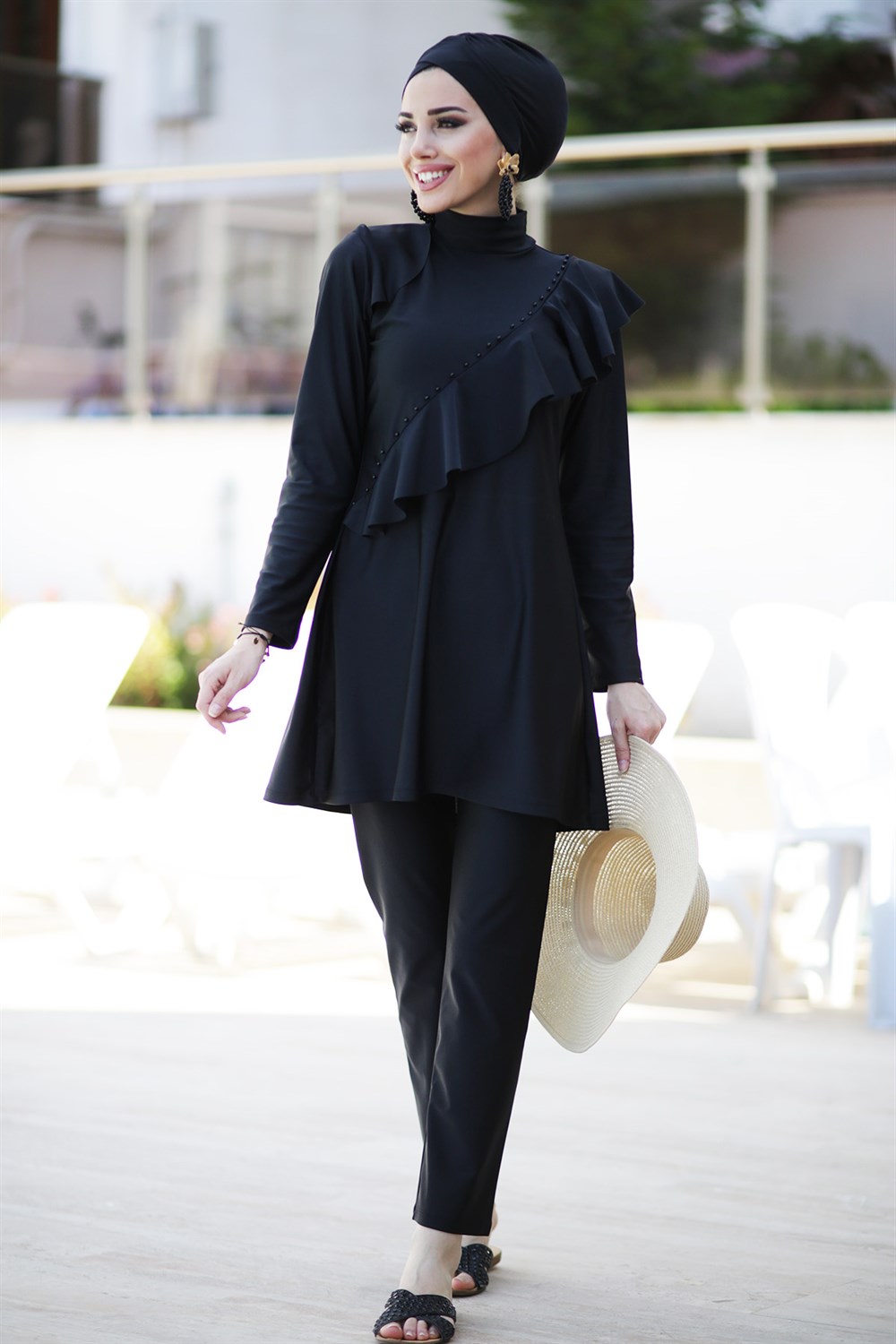 Tasarım Likralı Tam Kapalı Tesettür Mayo Fırfır Volan R032 Hatice Sultan