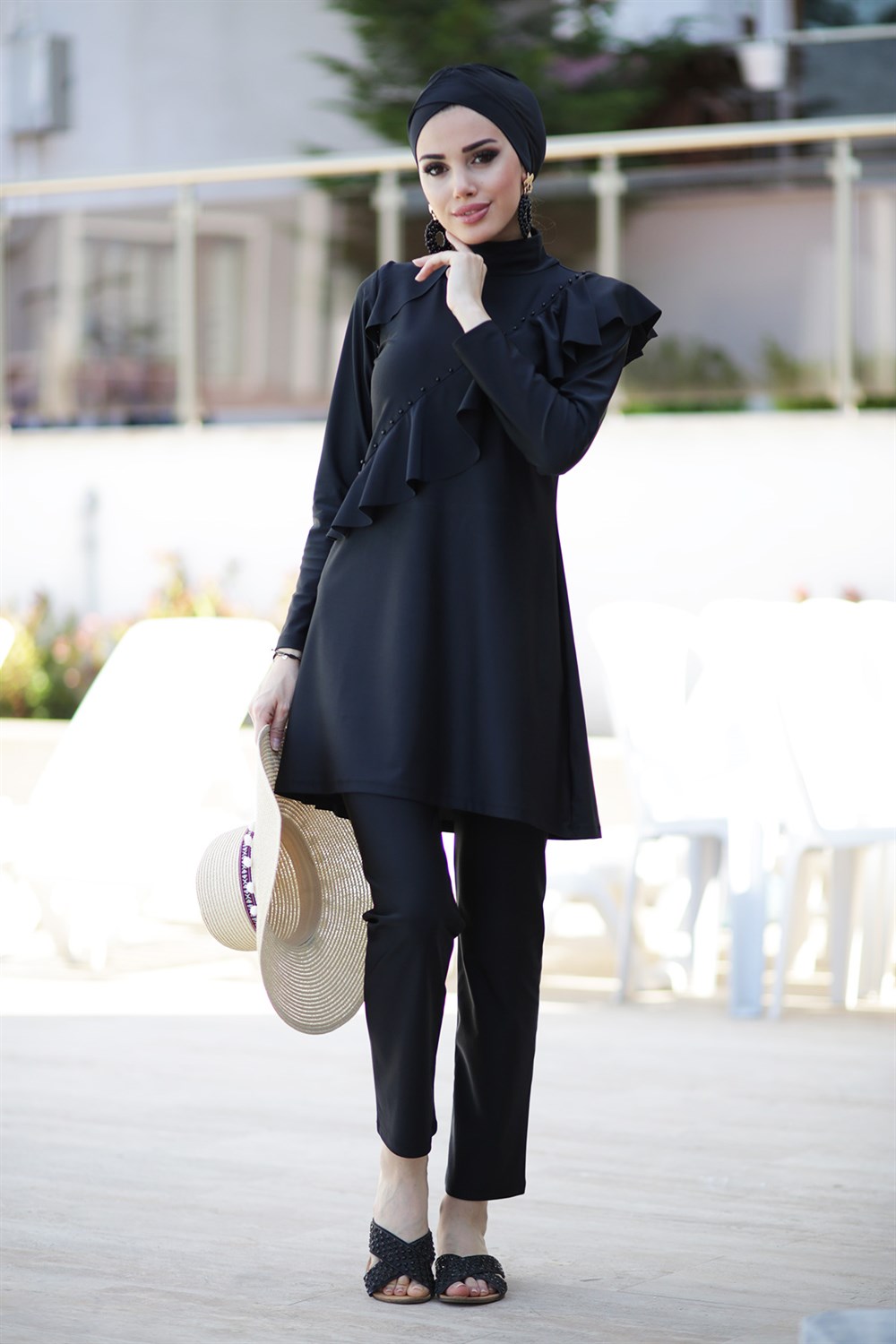 Tasarım Likralı Tam Kapalı Tesettür Mayo Fırfır Volan R032 Hatice Sultan