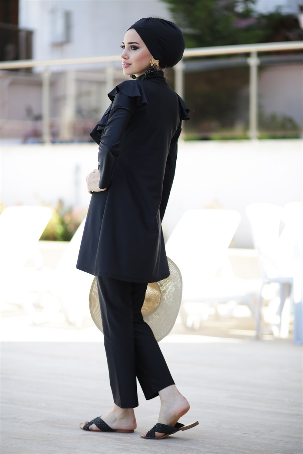 Tasarım Likralı Tam Kapalı Tesettür Mayo Fırfır Volan R032 Hatice Sultan