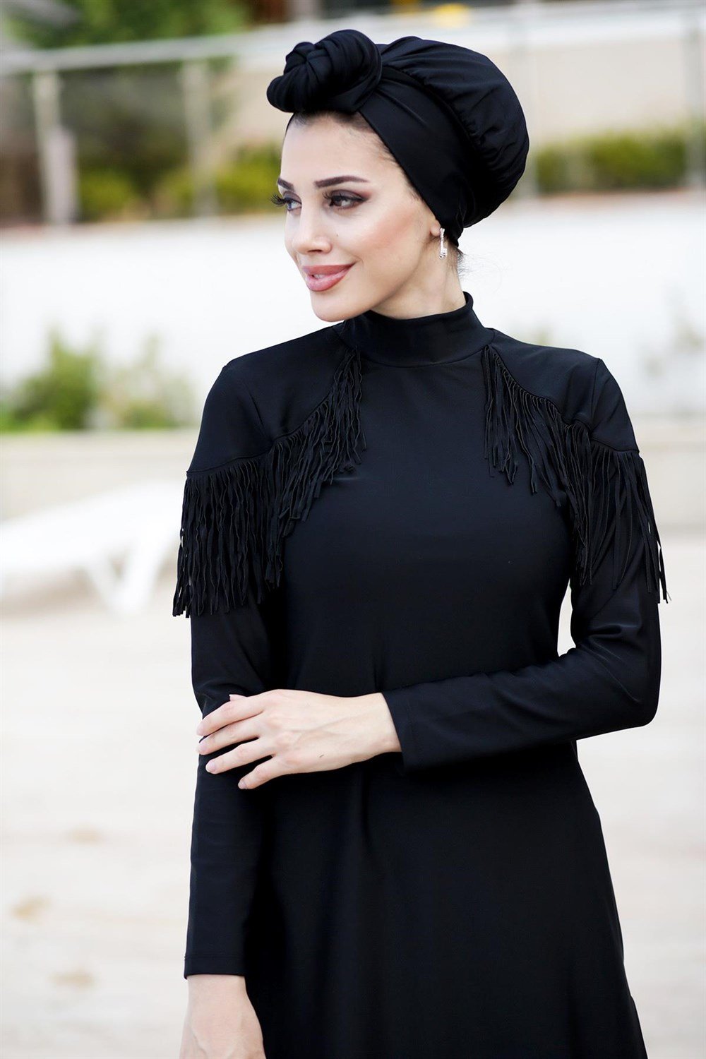 Tasarım Likralı Tam Kapalı Tesettür Mayo Püskül Remsa 4105 Siyah