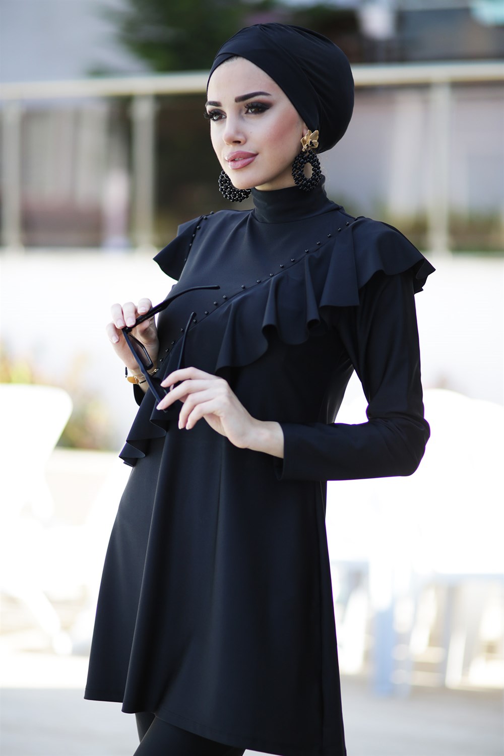 Tasarım Likralı Tam Kapalı Tesettür Mayo Fırfır Volan R032 Hatice Sultan