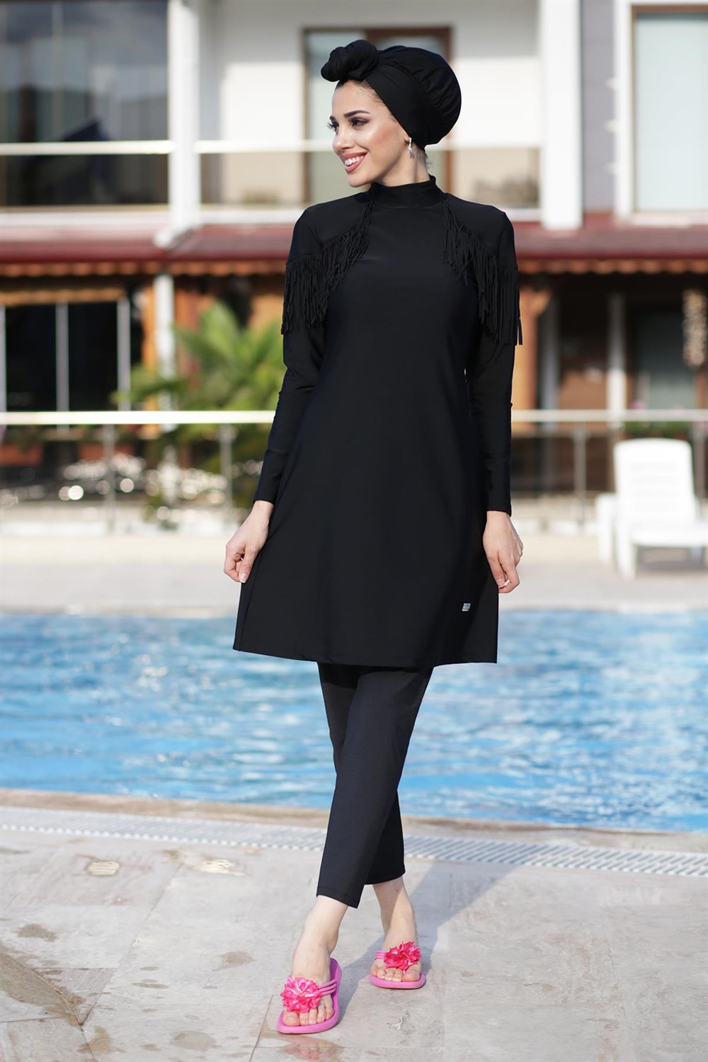 Tasarım Likralı Tam Kapalı Tesettür Mayo Püskül Remsa 4105 Siyah