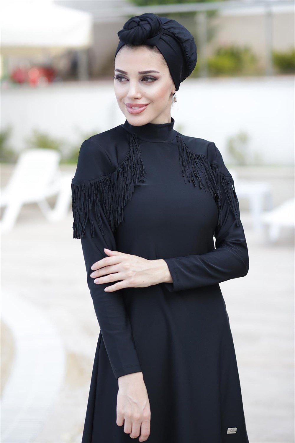Tasarım Likralı Tam Kapalı Tesettür Mayo Püskül Remsa 4105 Siyah