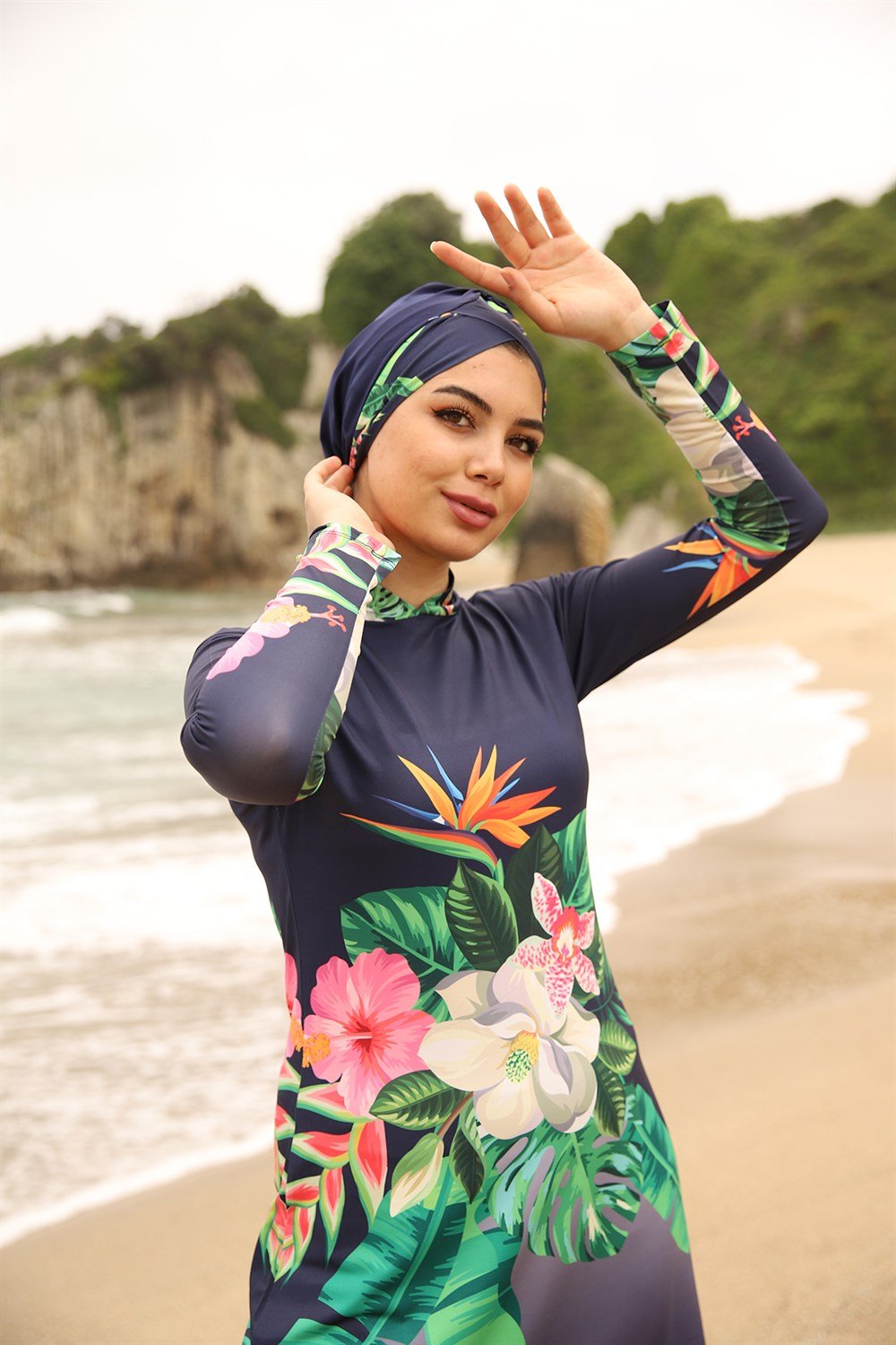 Tasarım Likralı Tam Kapalı Tesettür Mayo 2105 Çiçek