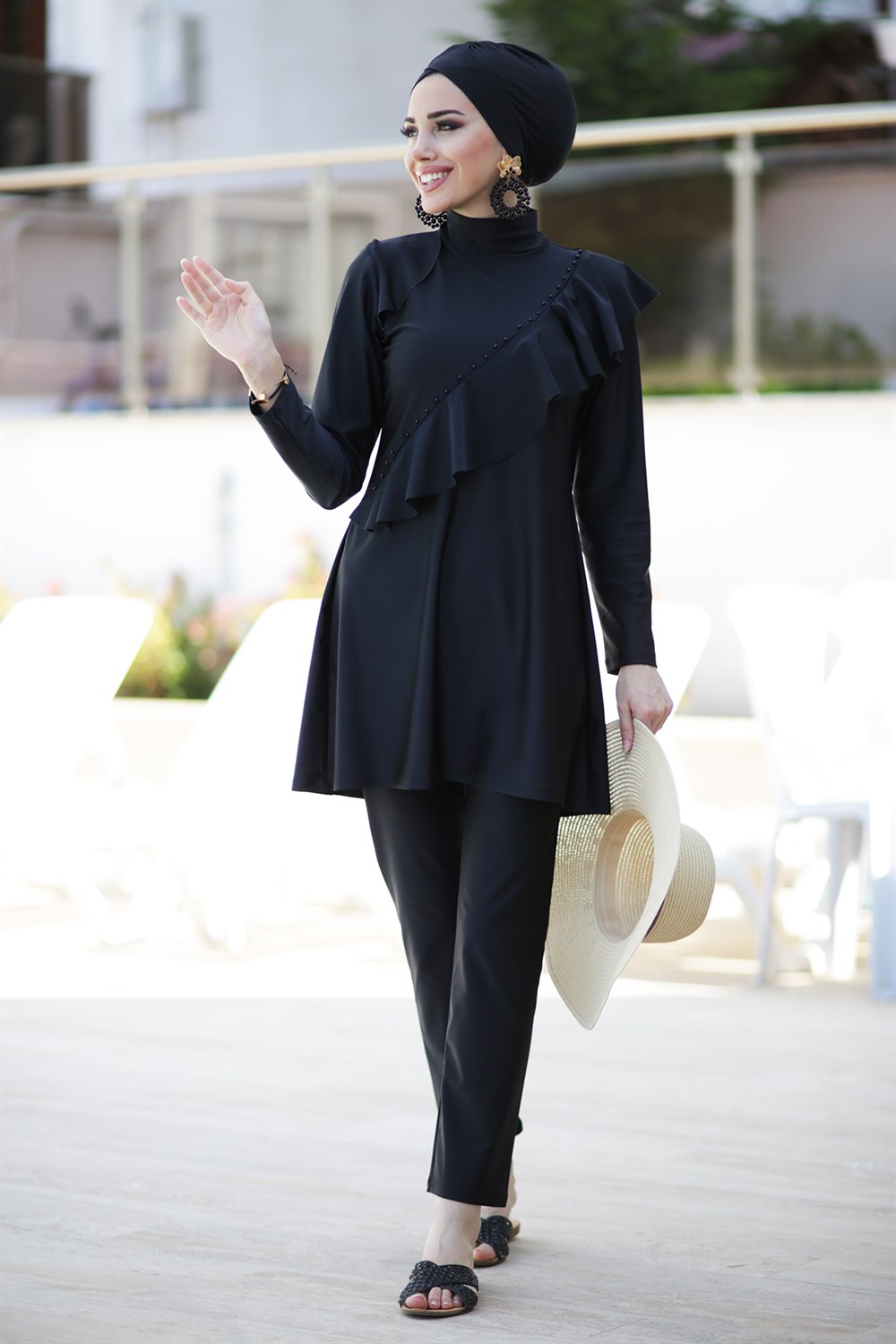 Tasarım Likralı Tam Kapalı Tesettür Mayo Fırfır Volan R032 Hatice Sultan