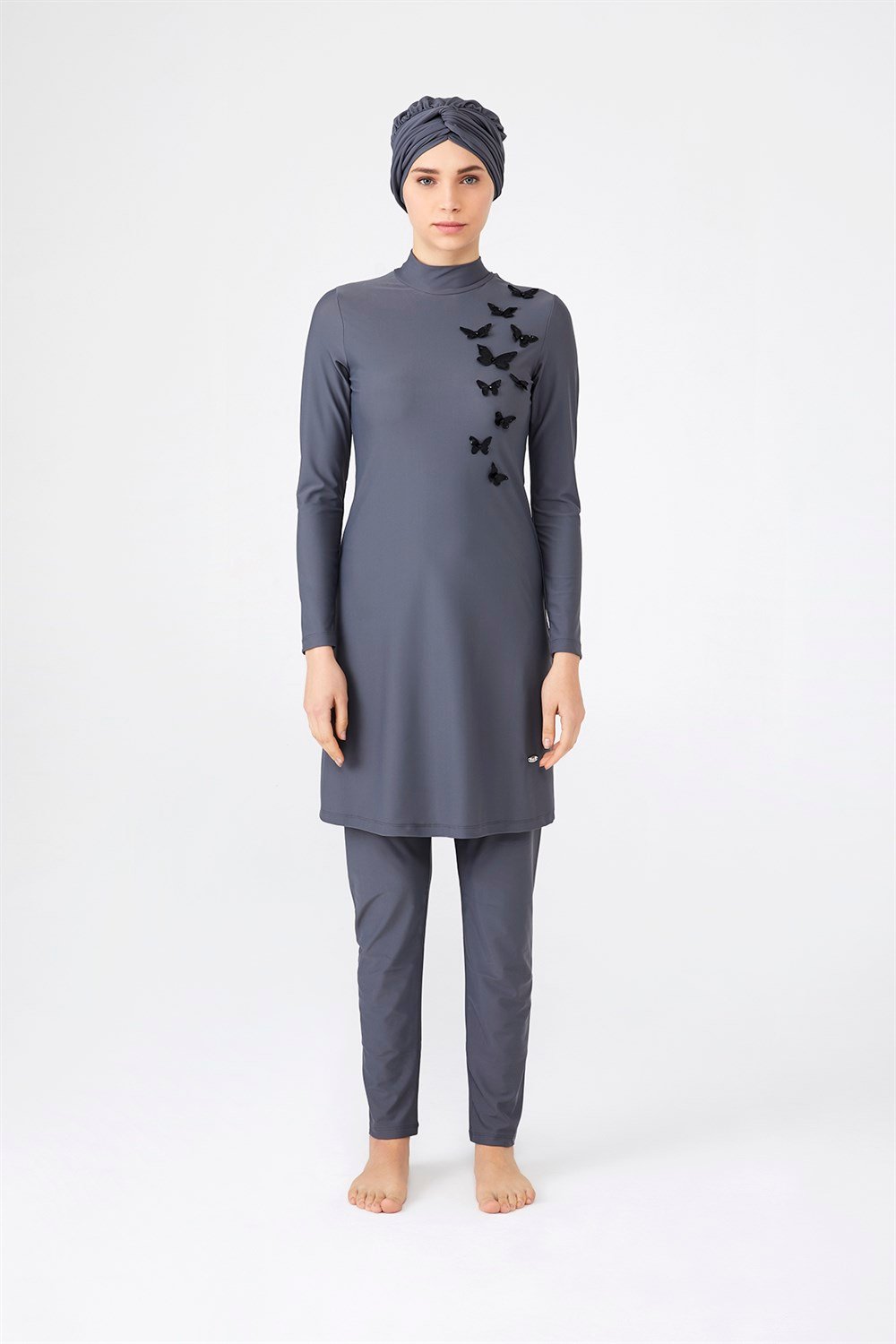 Tasarım Likralı Uçan Kelebekler Tam Kapalı Tesettür Mayo 4253 Antrasit