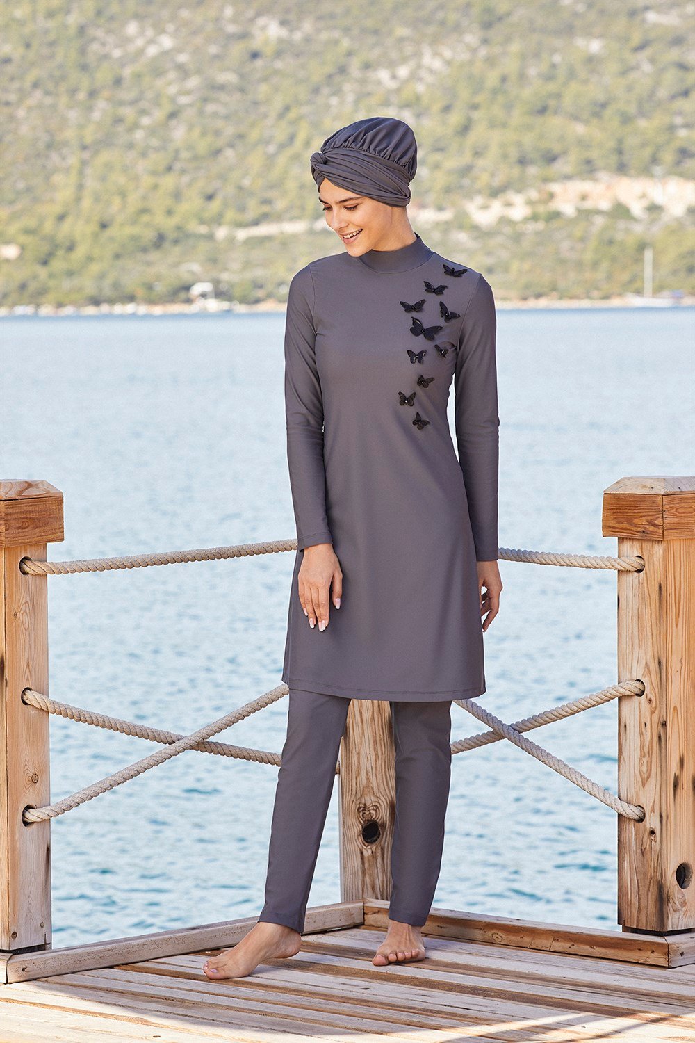 Tasarım Likralı Uçan Kelebekler Tam Kapalı Tesettür Mayo 4253 Antrasit
