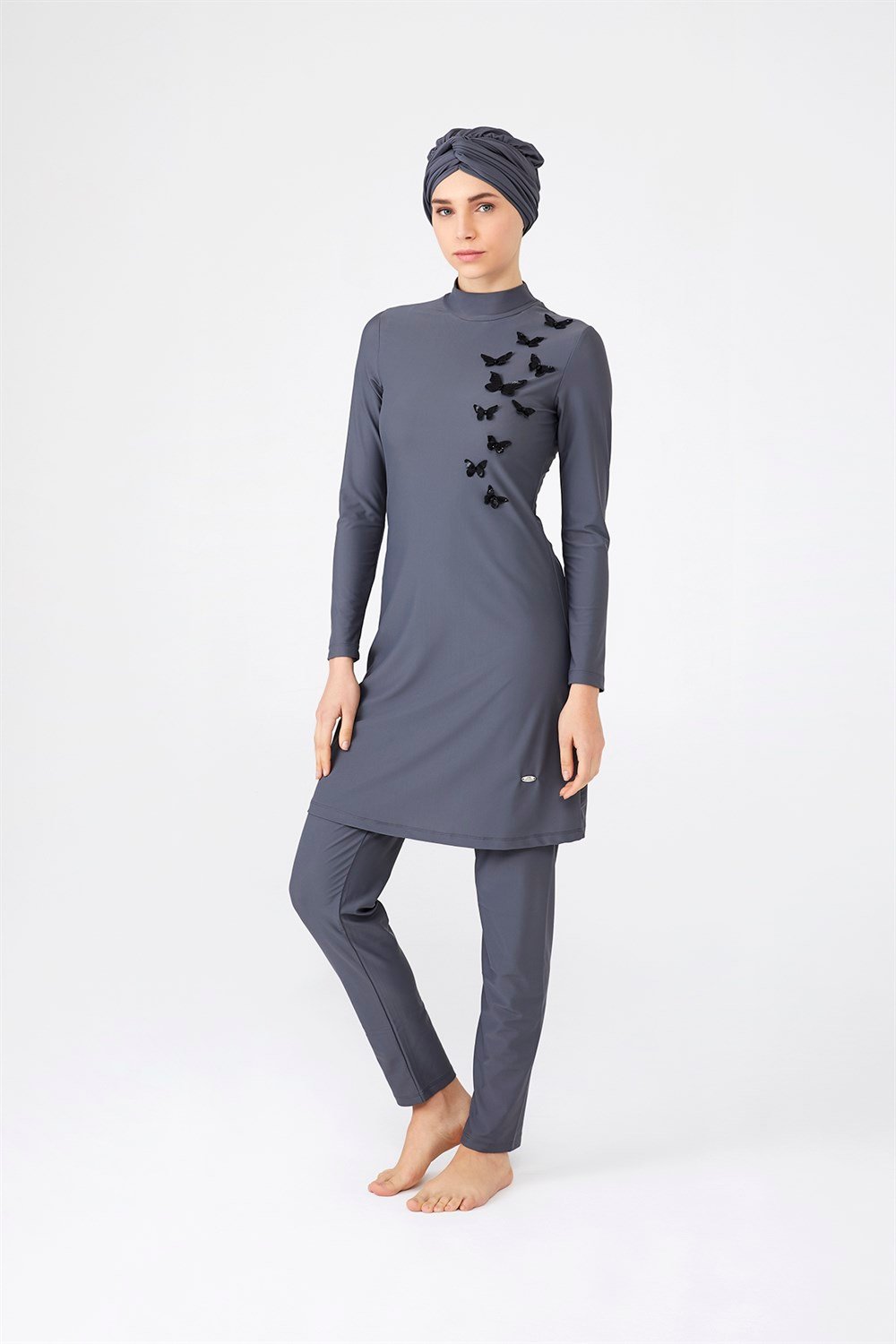 Tasarım Likralı Uçan Kelebekler Tam Kapalı Tesettür Mayo 4253 Antrasit