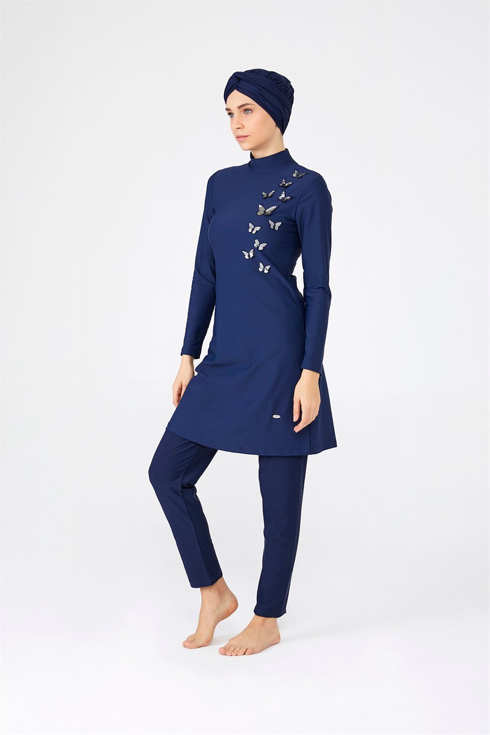 Tasarım Likralı Uçan Kelebekler Tam Kapalı Tesettür Mayo 4253 Koyu Lacivert