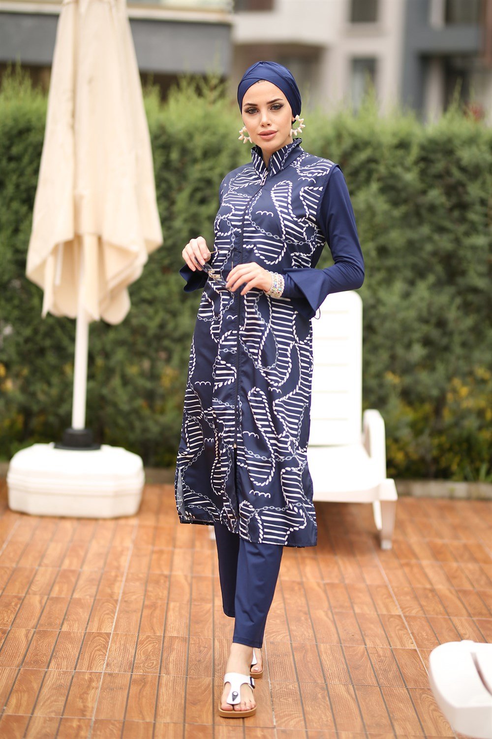 Tasarım Tam Kapalı Tesettür Mayo Halat ve Zincir Desenli 22962