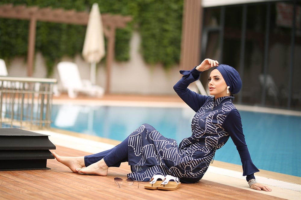 Tasarım Tam Kapalı Tesettür Mayo Halat ve Zincir Desenli 22962