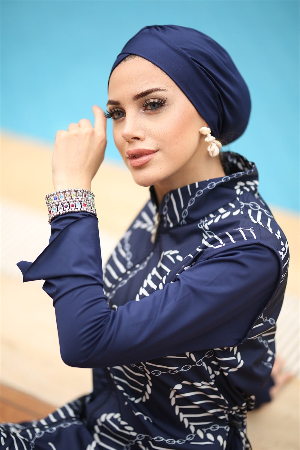 Tasarım Tam Kapalı Tesettür Mayo Halat ve Zincir Desenli 22962