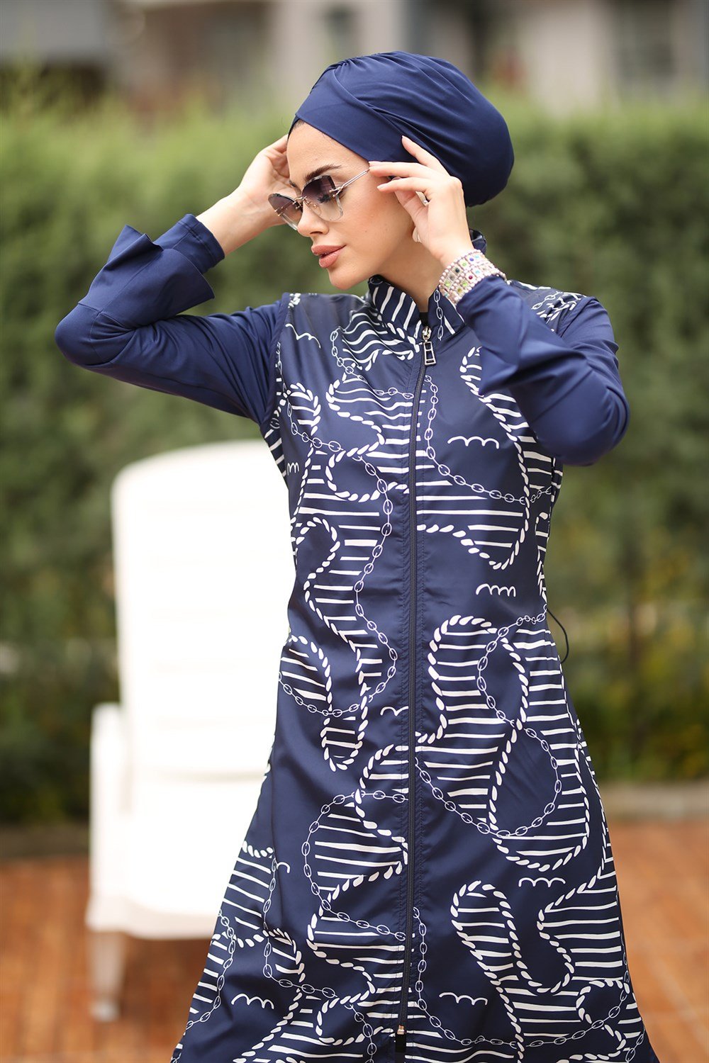 Tasarım Tam Kapalı Tesettür Mayo Halat ve Zincir Desenli 22962