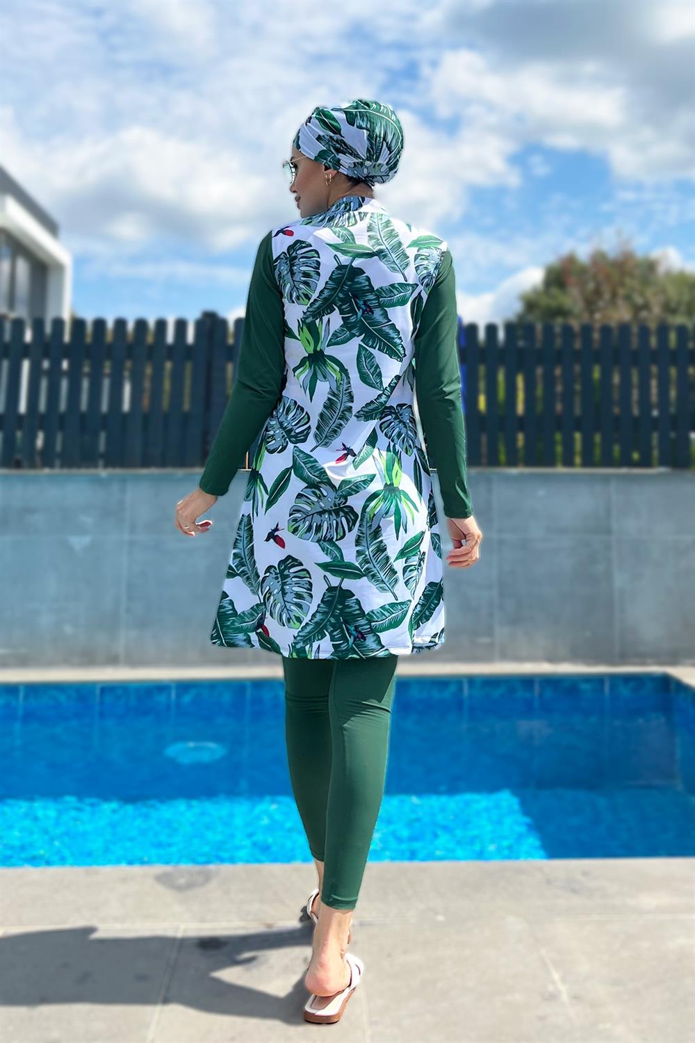 Tasarım Tam Kapalı Tesettür Mayo Remsa Mayo Yeşil Yapraklar