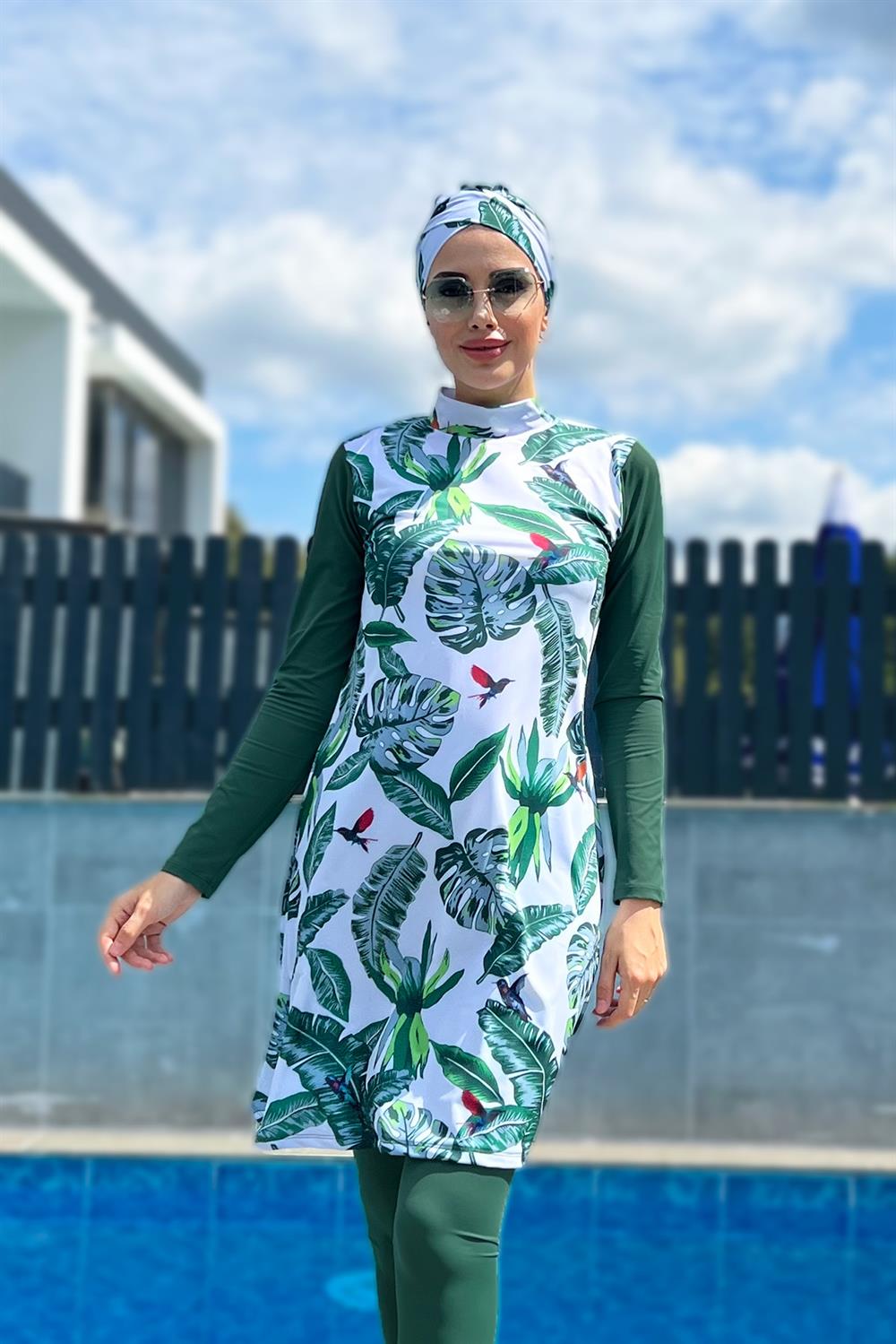 Tasarım Tam Kapalı Tesettür Mayo Remsa Mayo Yeşil Yapraklar