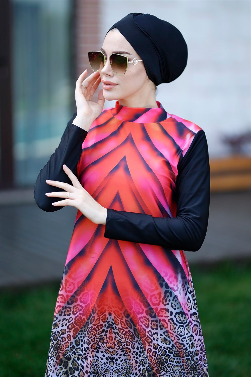 Tasarım Tam Kapalı Tesettür Mayo Remsa Mayo Kırmızı Leopar 900-119