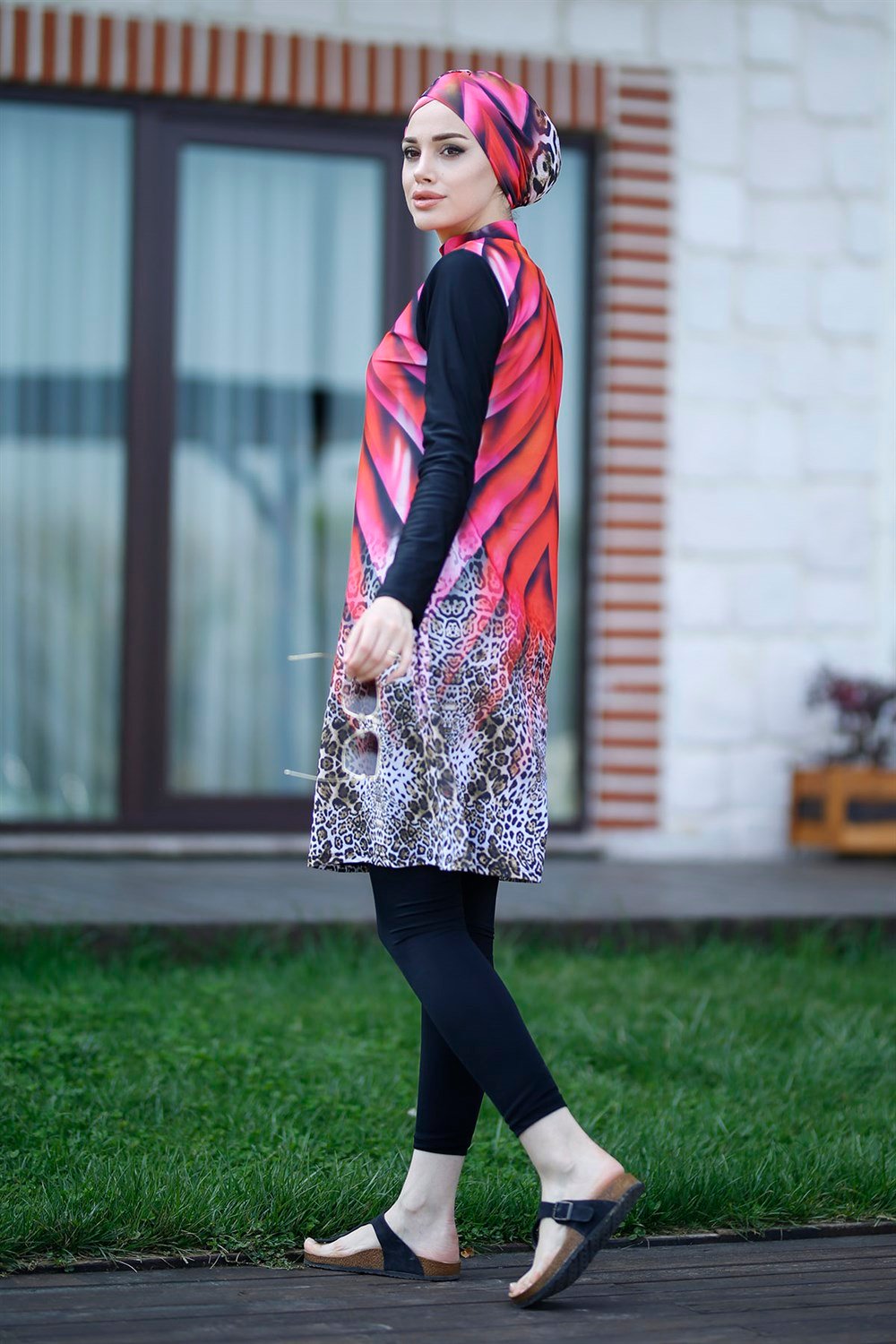 Tasarım Tam Kapalı Tesettür Mayo Remsa Mayo Kırmızı Leopar 900-119