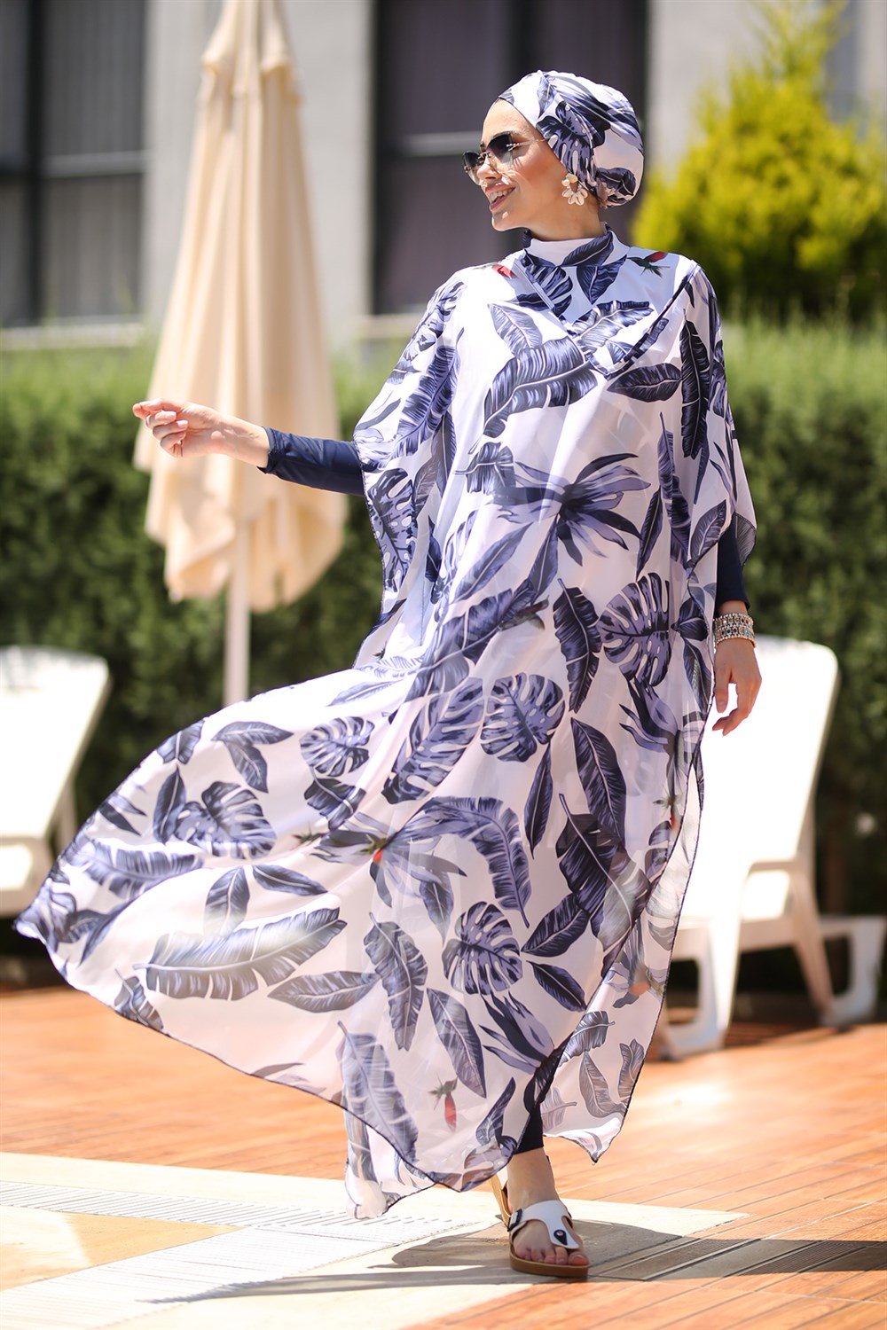 Tasarım Tam Kapalı Tesettür Mayo Remsa Mayo Mavi Yapraklar Lacivert