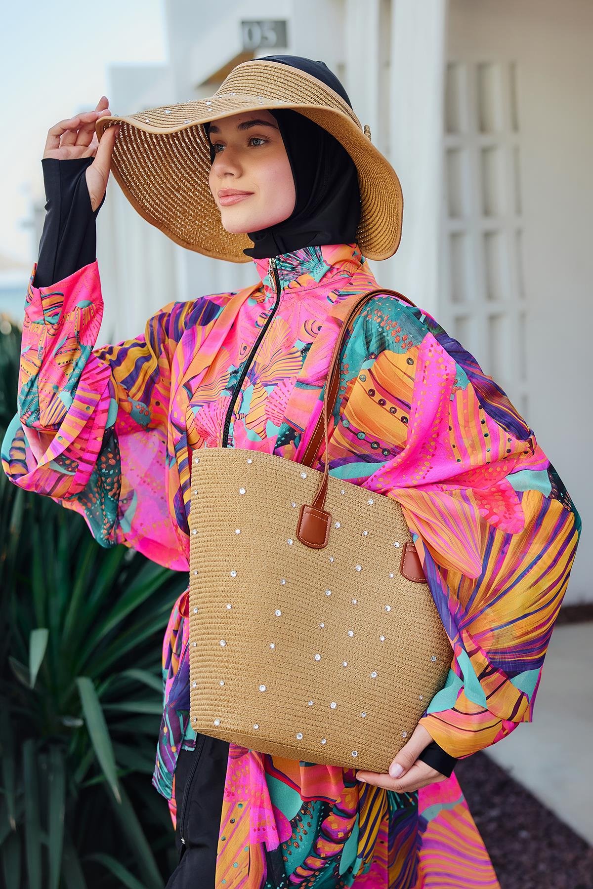 Taşlı Hasır Çanta Plaj Çantası 2006 Camel