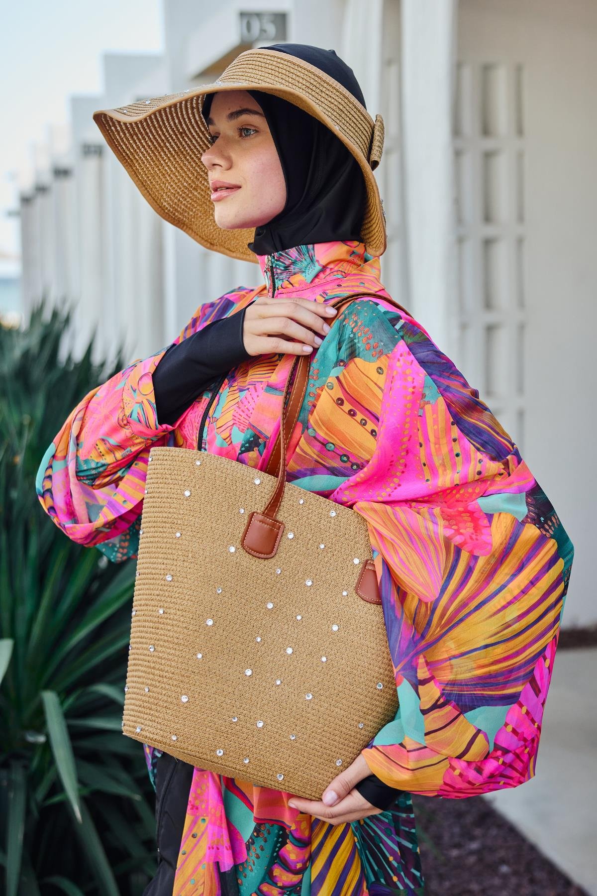 Taşlı Hasır Çanta Plaj Çantası 2006 Camel