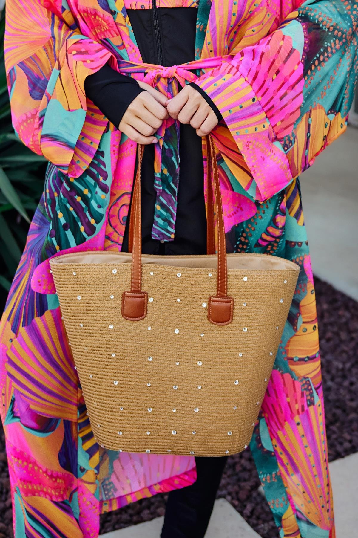 Taşlı Hasır Çanta Plaj Çantası 2006 Camel