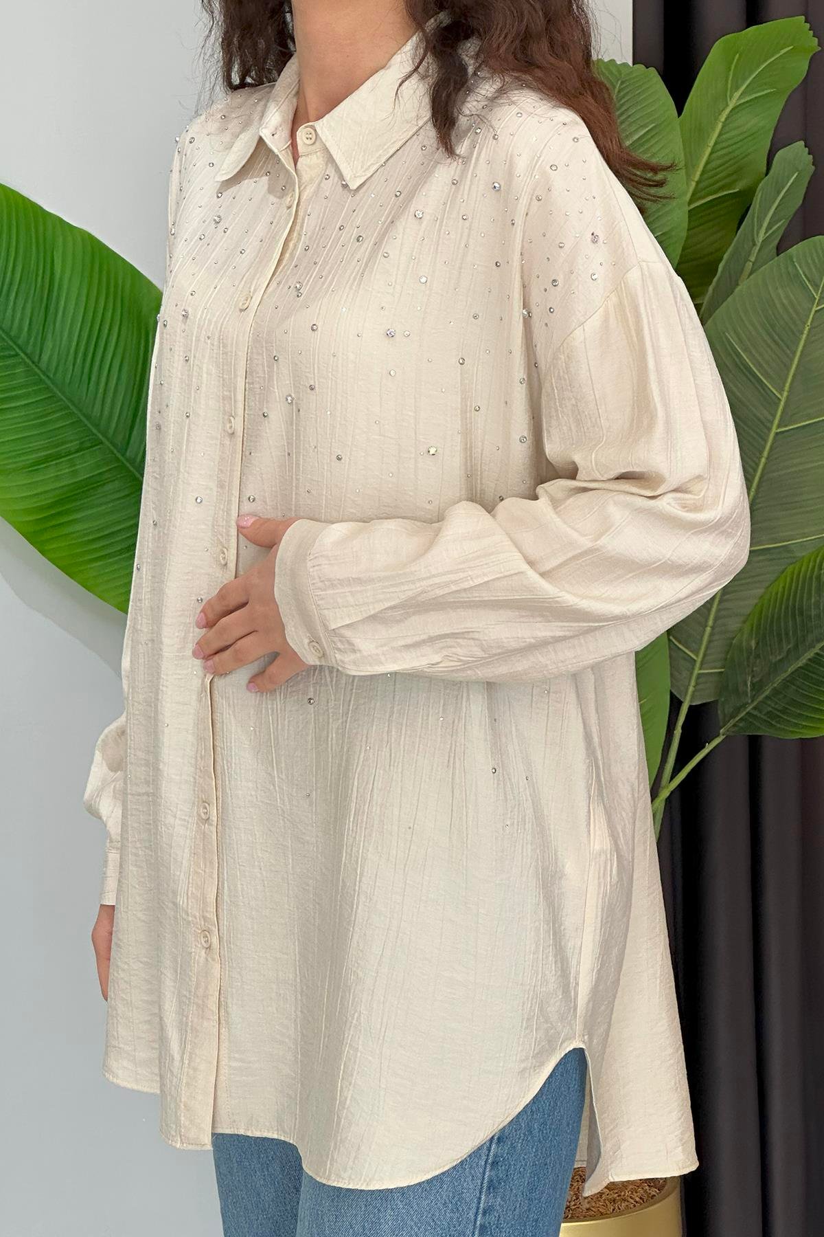 Taşlı Oversize Gömlek 34818 Bej