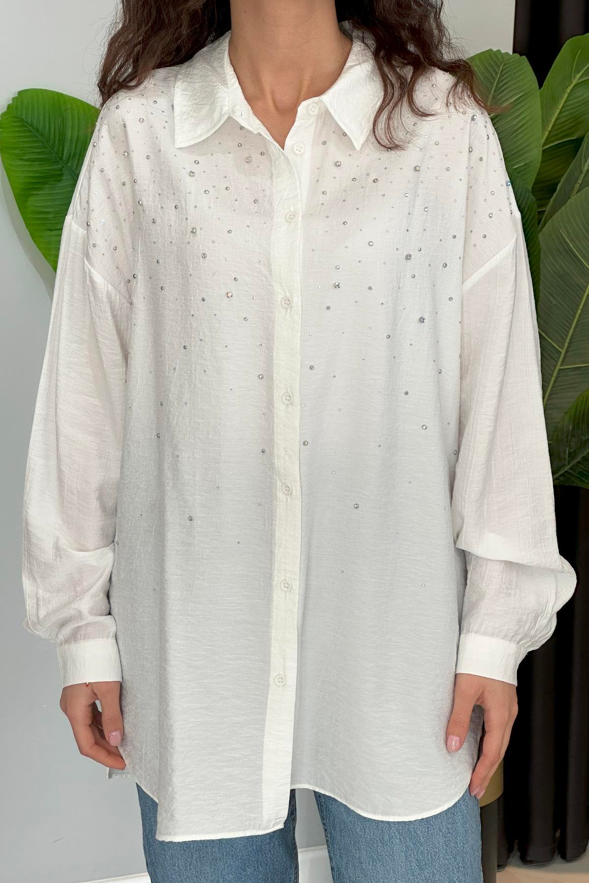 Taşlı Oversize Gömlek 34818 Ekru
