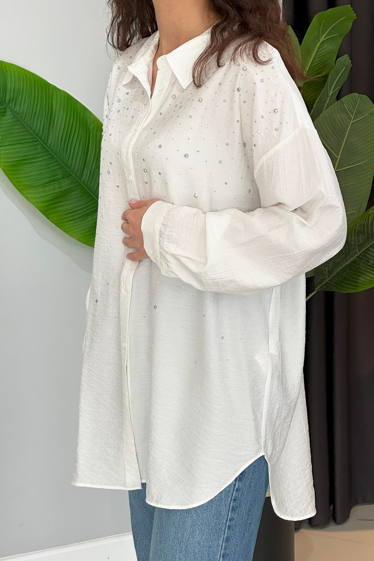 Taşlı Oversize Gömlek 34818 Ekru