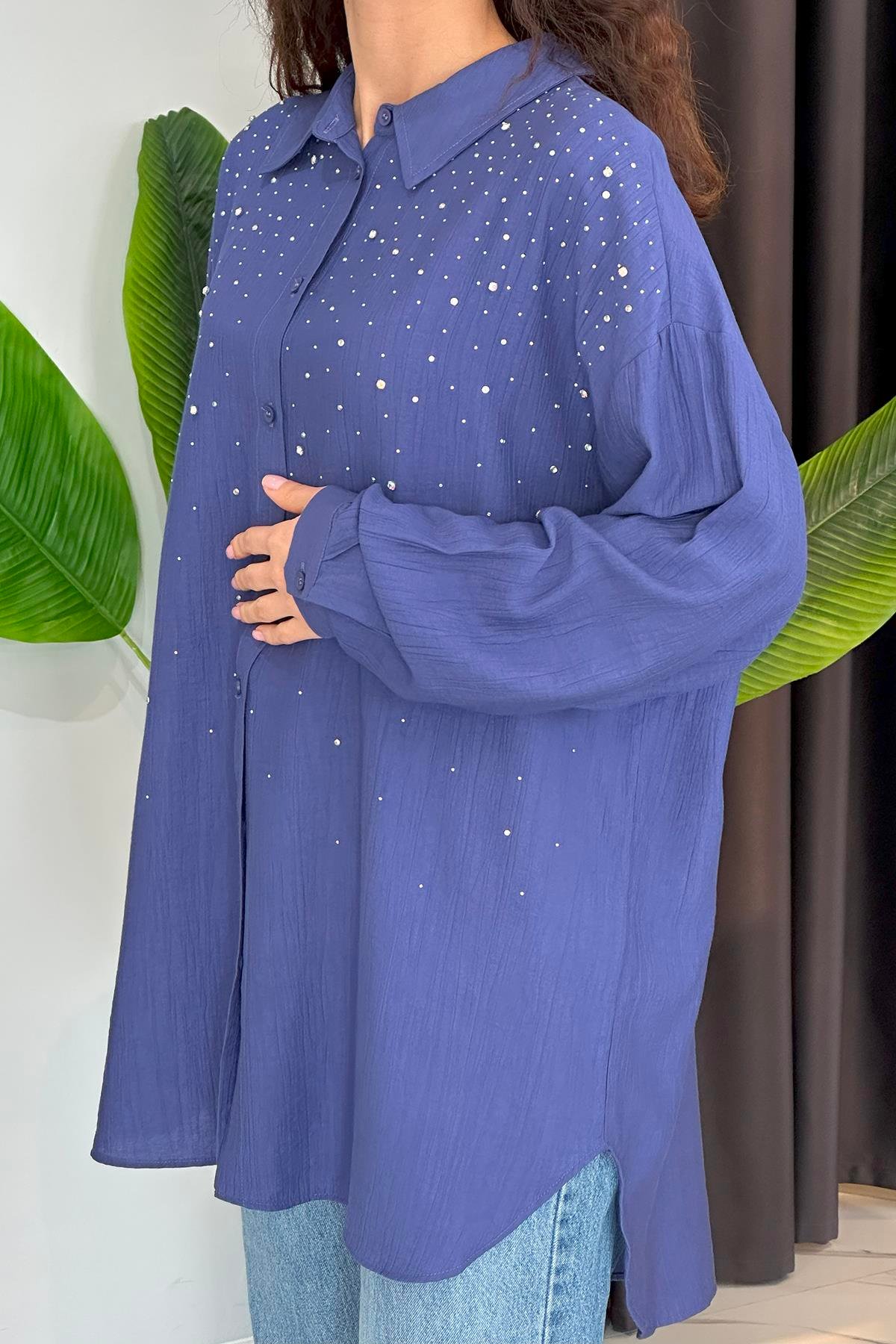 Taşlı Oversize Gömlek 34818 İndigo