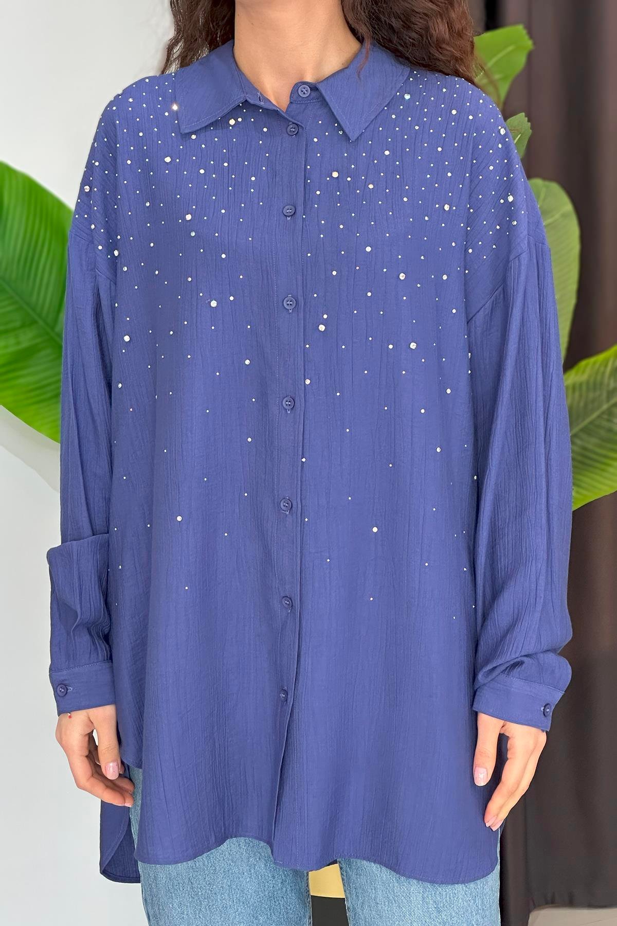 Taşlı Oversize Gömlek 34818 İndigo