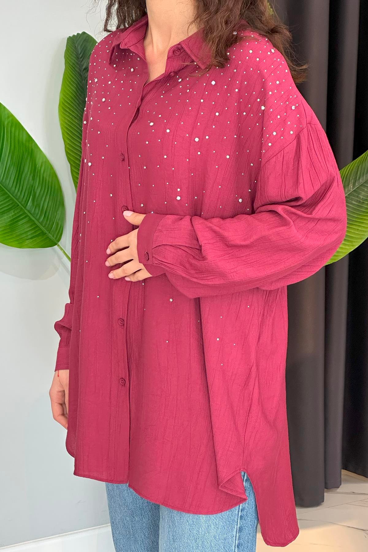 Taşlı Oversize Gömlek 34818 Mürdüm