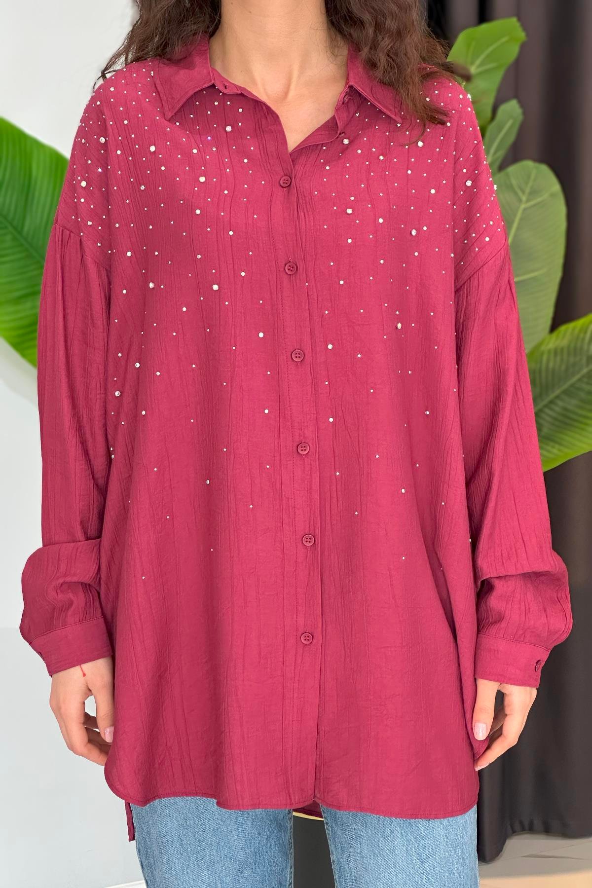 Taşlı Oversize Gömlek 34818 Mürdüm