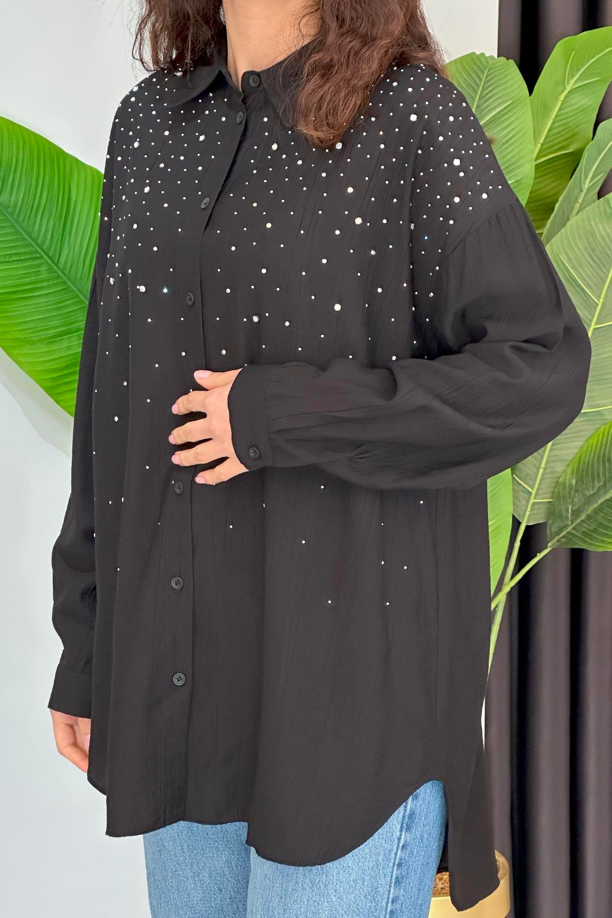 Taşlı Oversize Gömlek 34818 Siyah