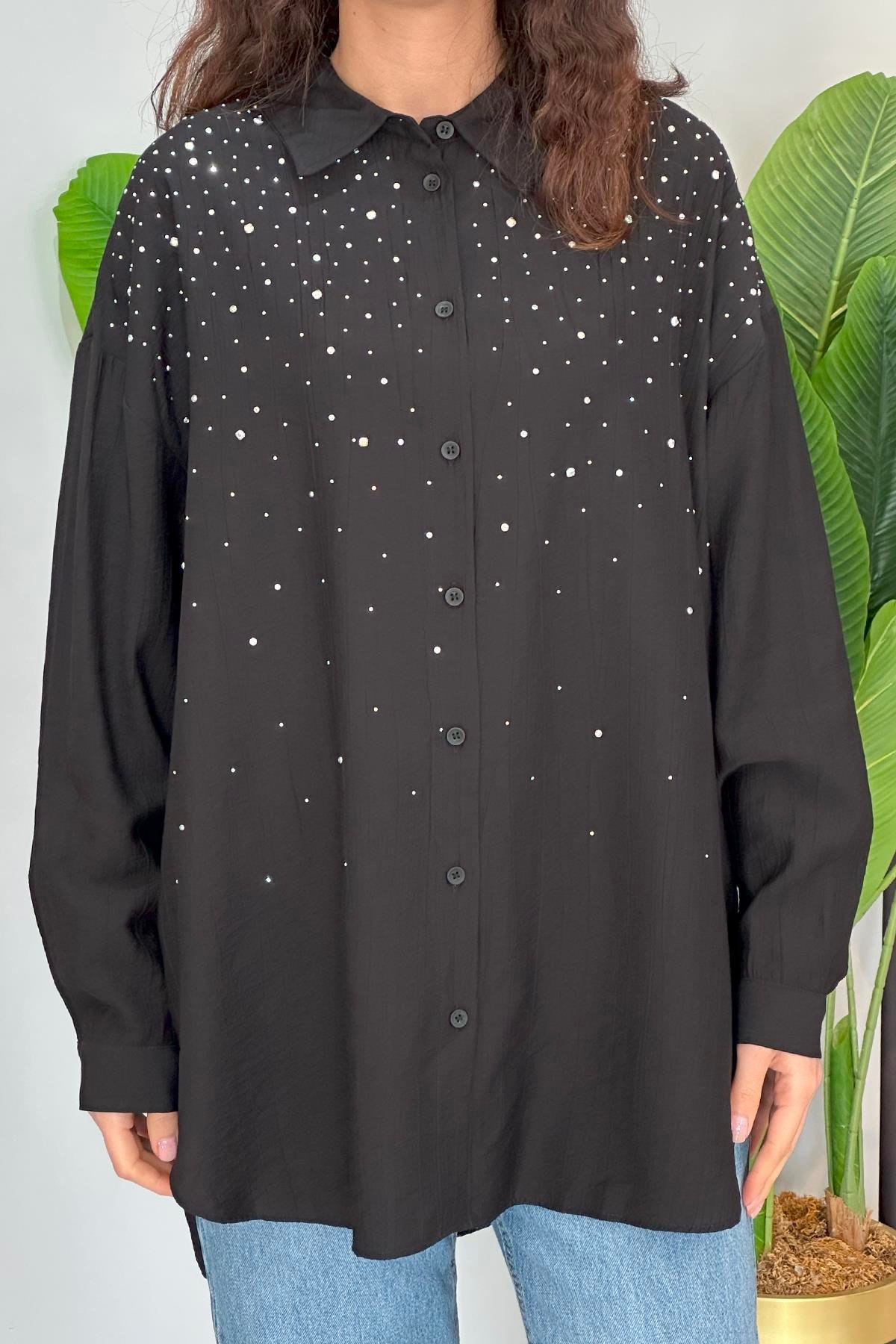 Taşlı Oversize Gömlek 34818 Siyah