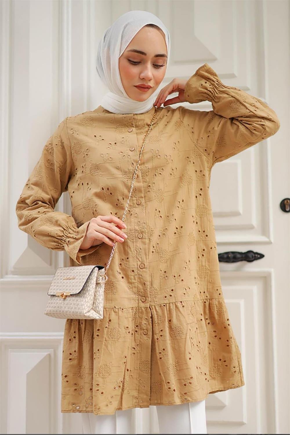 Tesettür Gömlek Pamuklu Fisto Tunik 4042 Camel
