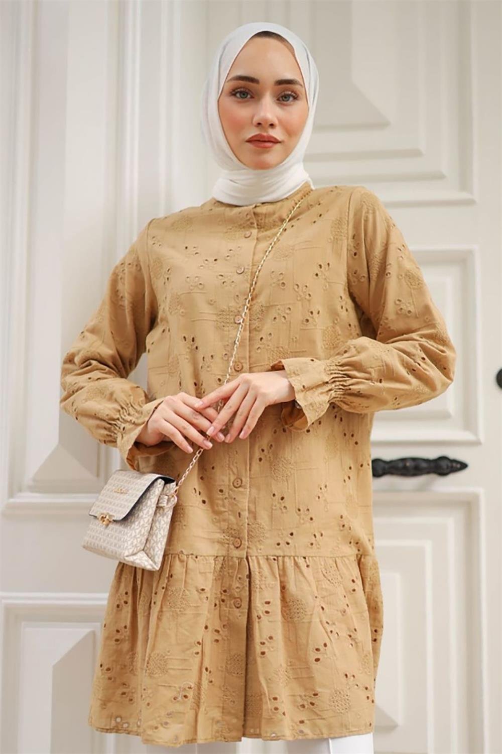 Tesettür Gömlek Pamuklu Fisto Tunik 4042 Camel