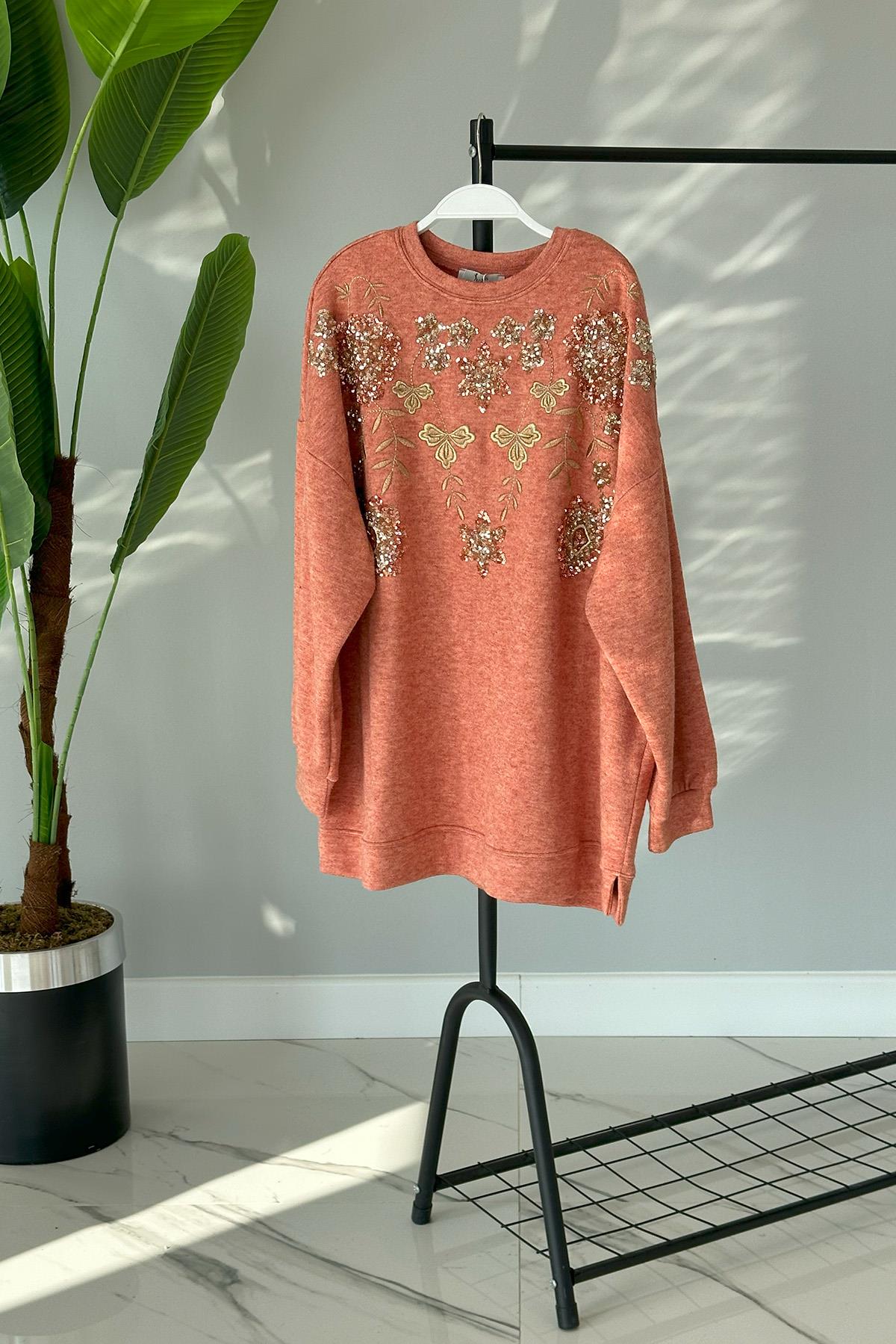 Triko Payet Nakış İşlemeli Kazak Tunik 31429 Kiremit