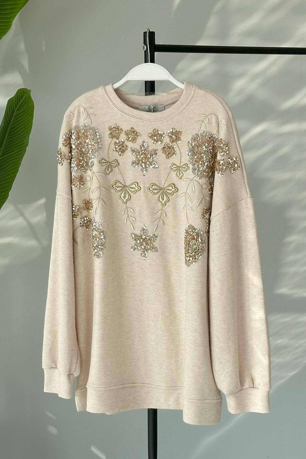 Triko Payet Nakış İşlemeli Kazak Tunik 31429 Bej