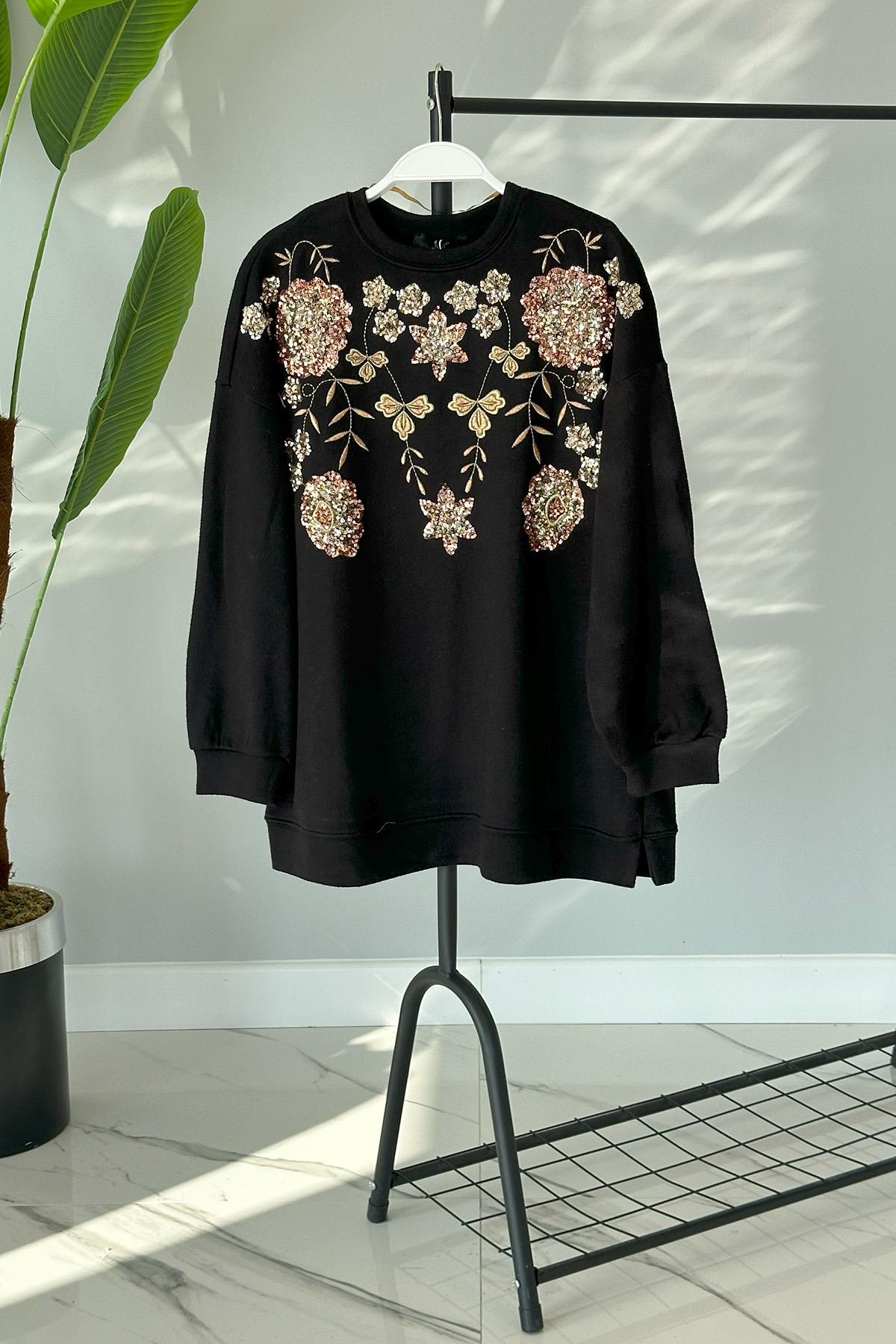 Triko Payet Nakış İşlemeli Kazak Tunik 31429 Siyah