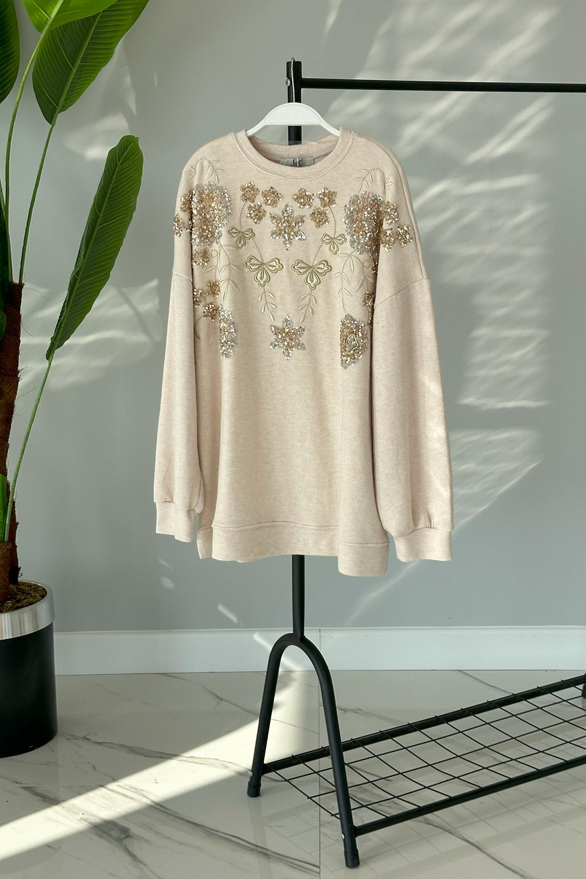 Triko Payet Nakış İşlemeli Kazak Tunik 31429 Bej