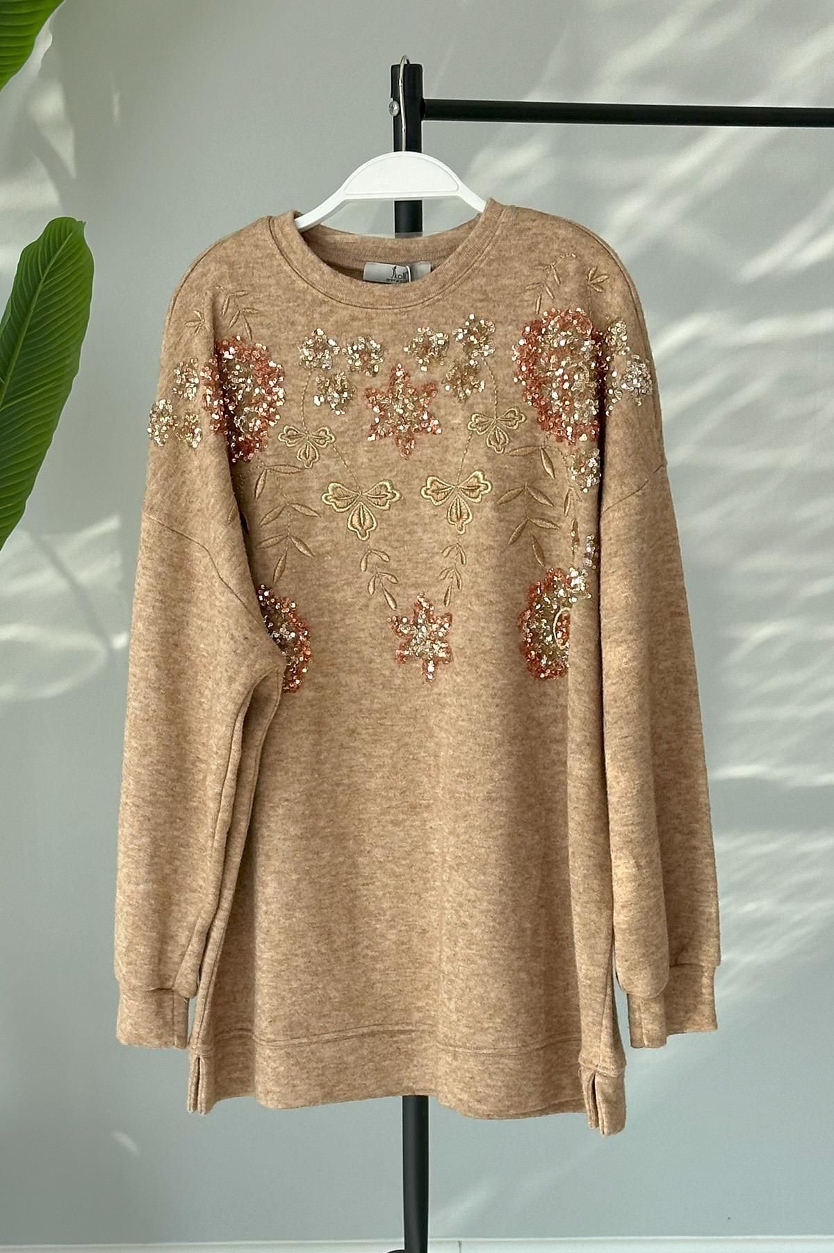 Triko Payet Nakış İşlemeli Kazak Tunik 31429 Camel