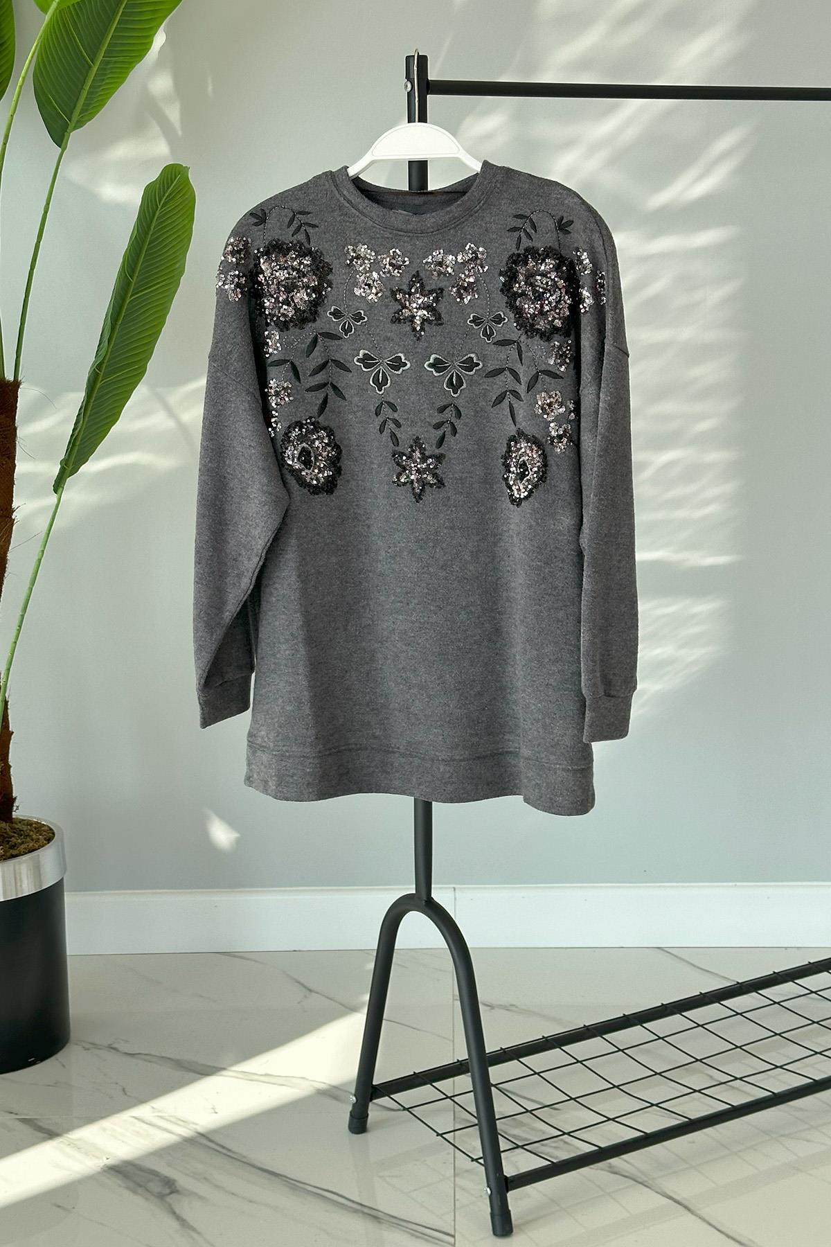 Triko Payet Nakış İşlemeli Kazak Tunik 31429 Füme