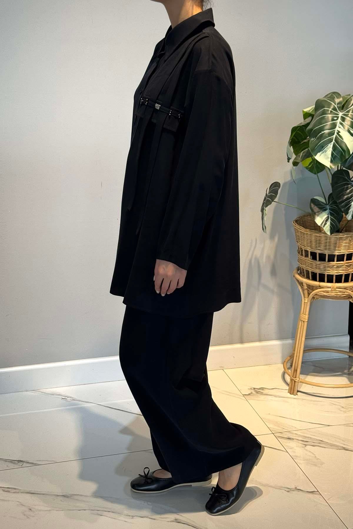 Tuniği Önden Düğmeli ve Boncuk İşlemeli Pantolonlu Takım 6938 Siyah