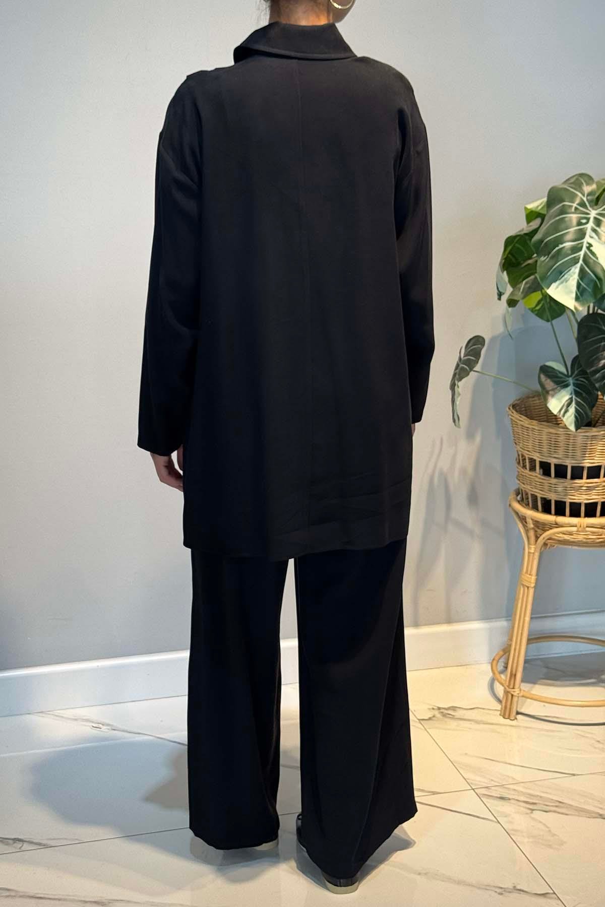 Tuniği Önden Düğmeli ve Boncuk İşlemeli Pantolonlu Takım 6938 Siyah