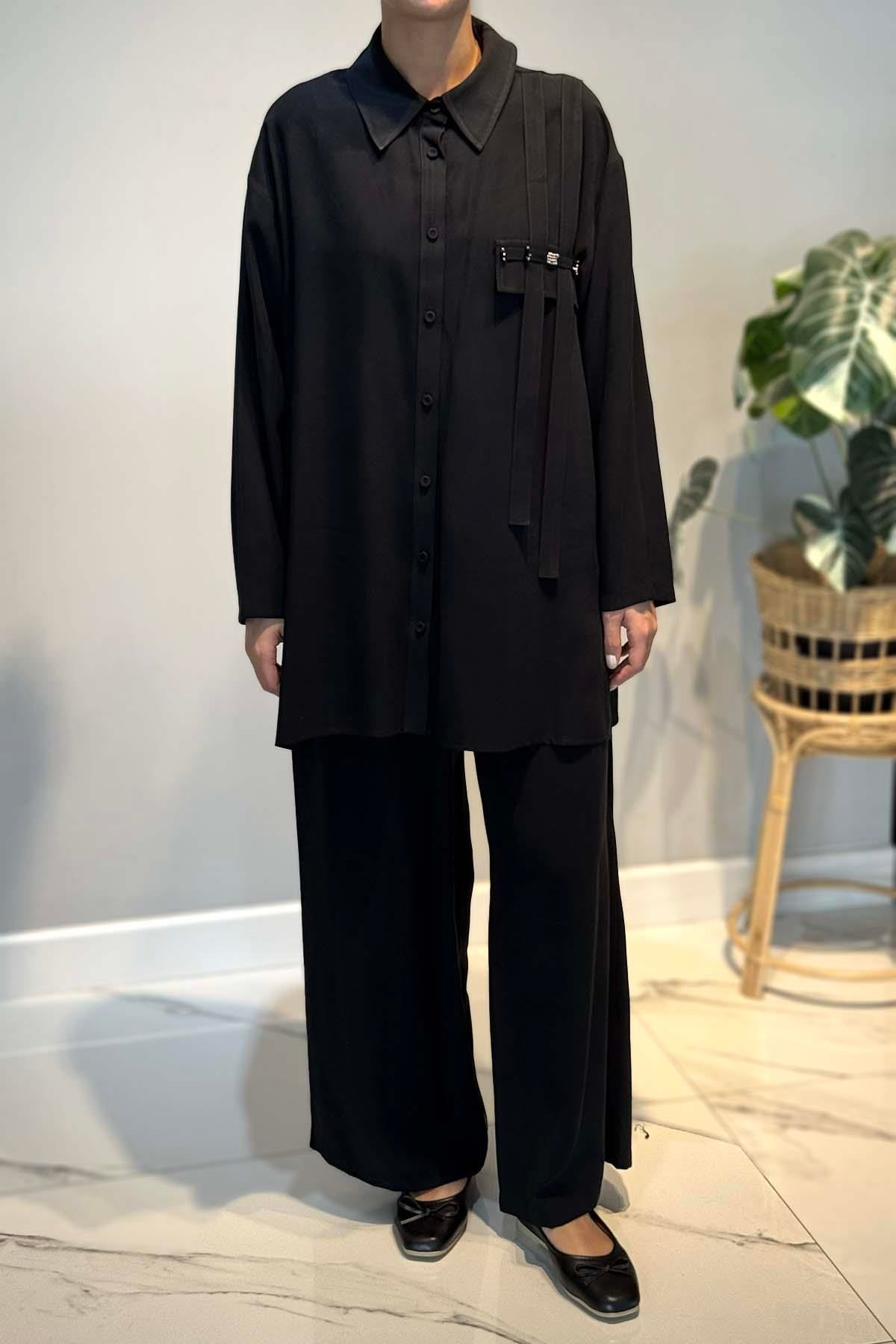 Tuniği Önden Düğmeli ve Boncuk İşlemeli Pantolonlu Takım 6938 Siyah