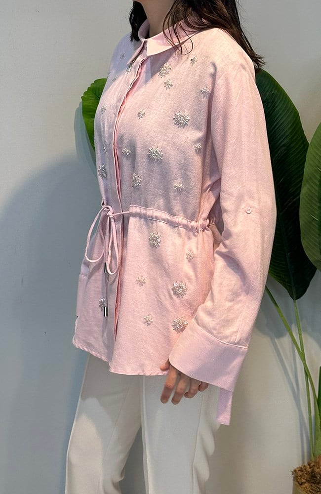 Üstü Boncuk İşlemeli Bel Kısmı İp Bağlamalı Stella Veil Gömlek 5265 Pembe