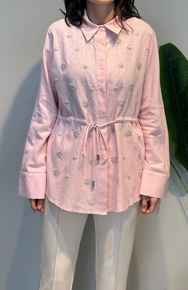 Üstü Boncuk İşlemeli Bel Kısmı İp Bağlamalı Stella Veil Gömlek 5265 Pembe
