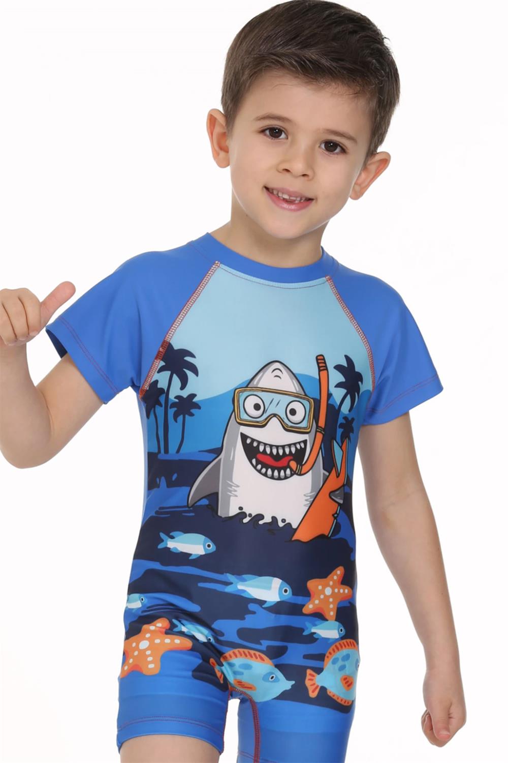 UV Korumalı Tulum Kısa Kollu Şortlu Çocuk Bebek Yüzücü Mayo C64 Balık