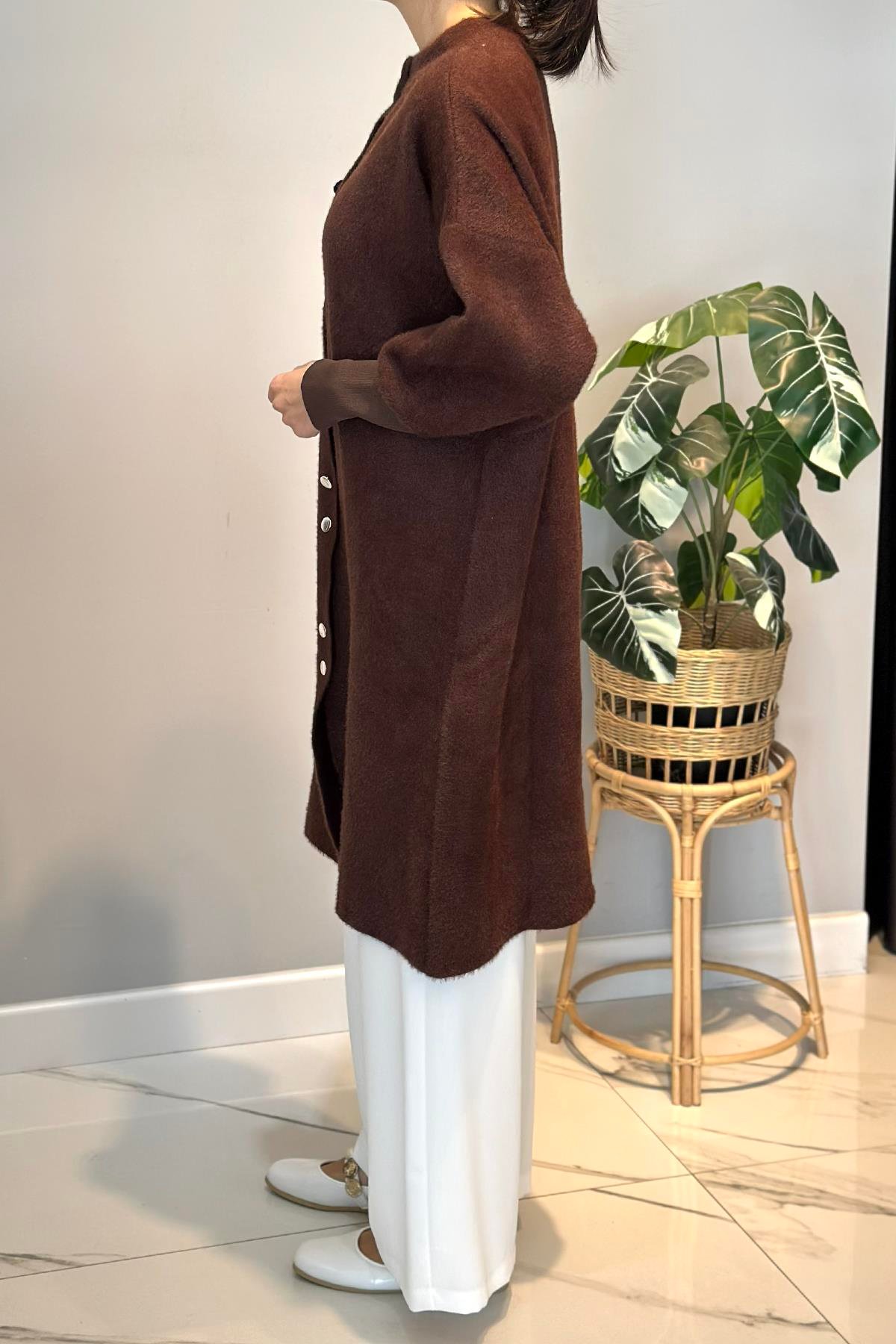 Uzun Düğme Detay Angora Hırka 25129 Kahverengi